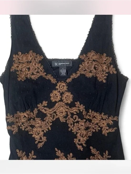 INC Black Surplice Tank Top with Gold Abstract Embroidery Y2K Grunge Western- S - Picture 3 of 4